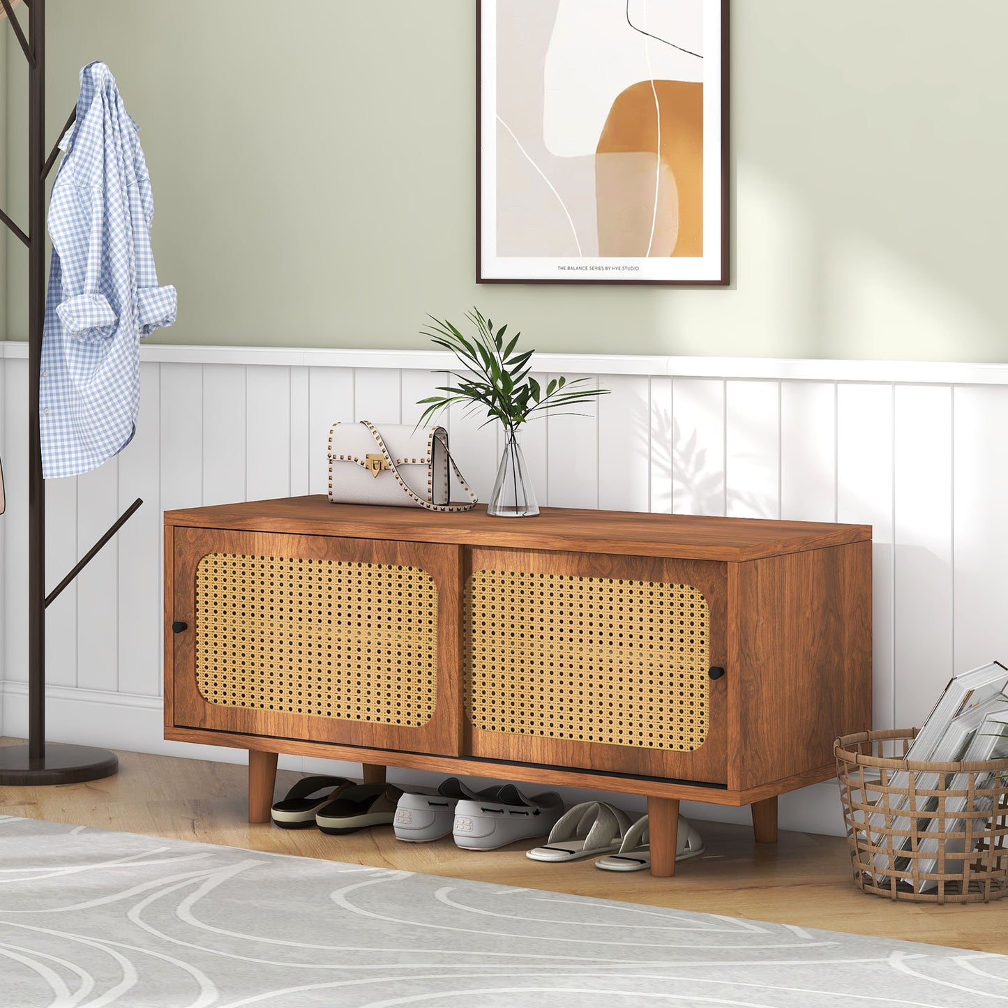 Rattan Schuhschrank mit 2 Türen mit verstellbare Ablage Walnuss Farbe formschöner Schuhschrank für Flur, Wohn- und Schlafzimmer