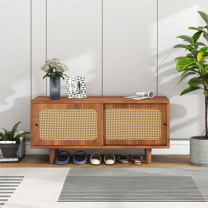 Rattan Schuhschrank mit 2 Türen mit verstellbare Ablage Walnuss Farbe formschöner Schuhschrank für Flur, Wohn- und Schlafzimmer