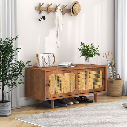 Rattan Schuhschrank mit 2 Türen mit verstellbare Ablage Walnuss Farbe formschöner Schuhschrank für Flur, Wohn- und Schlafzimmer