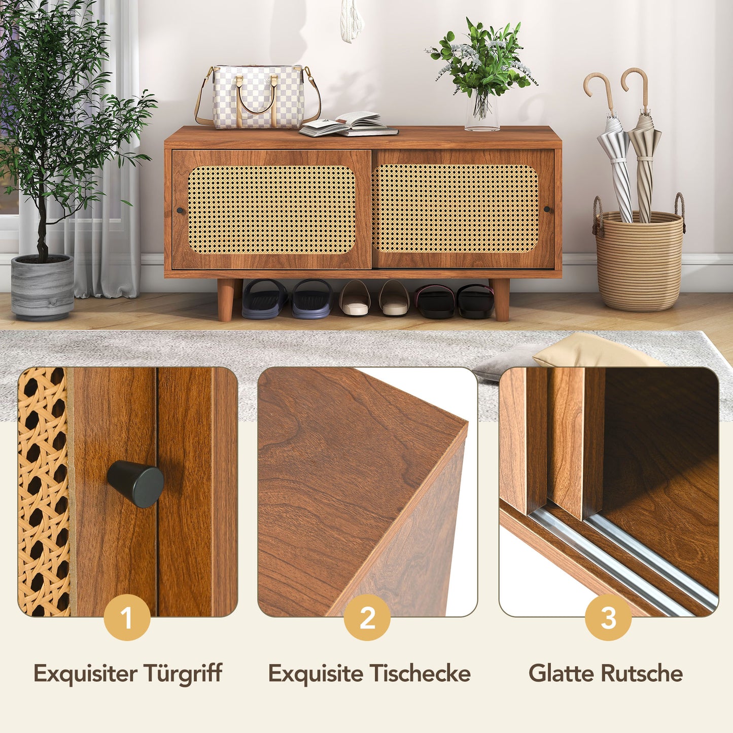 Rattan Schuhschrank mit 2 Türen mit verstellbare Ablage Walnuss Farbe formschöner Schuhschrank für Flur, Wohn- und Schlafzimmer