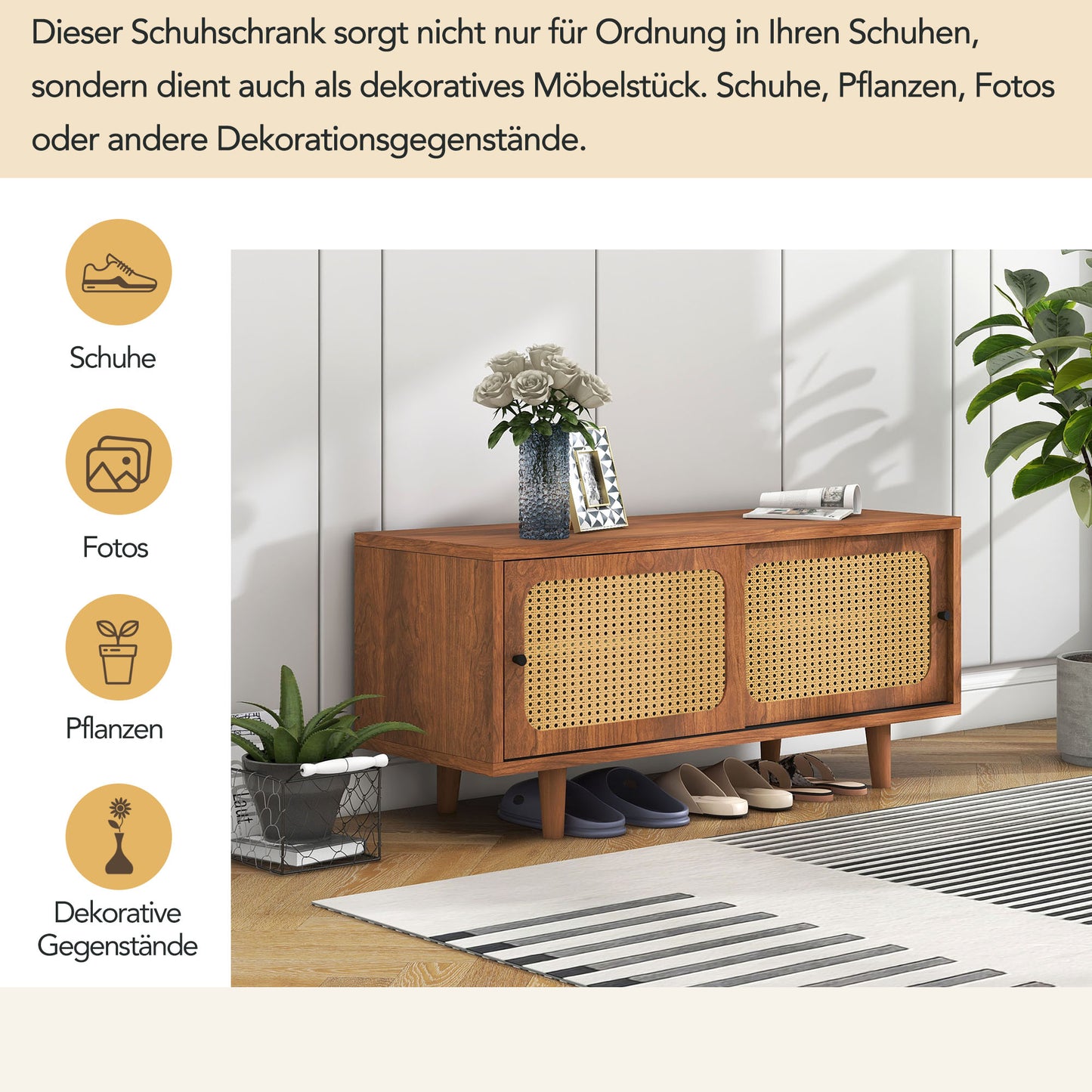 Rattan Schuhschrank mit 2 Türen mit verstellbare Ablage Walnuss Farbe formschöner Schuhschrank für Flur, Wohn- und Schlafzimmer