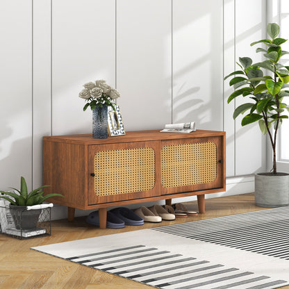 Rattan Schuhschrank mit 2 Türen mit verstellbare Ablage Walnuss Farbe formschöner Schuhschrank für Flur, Wohn- und Schlafzimmer