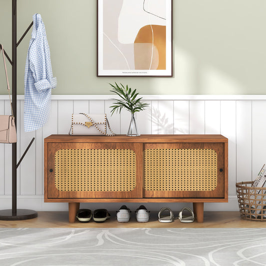 Rattan Schuhschrank mit 2 Türen mit verstellbare Ablage Walnuss Farbe formschöner Schuhschrank für Flur, Wohn- und Schlafzimmer
