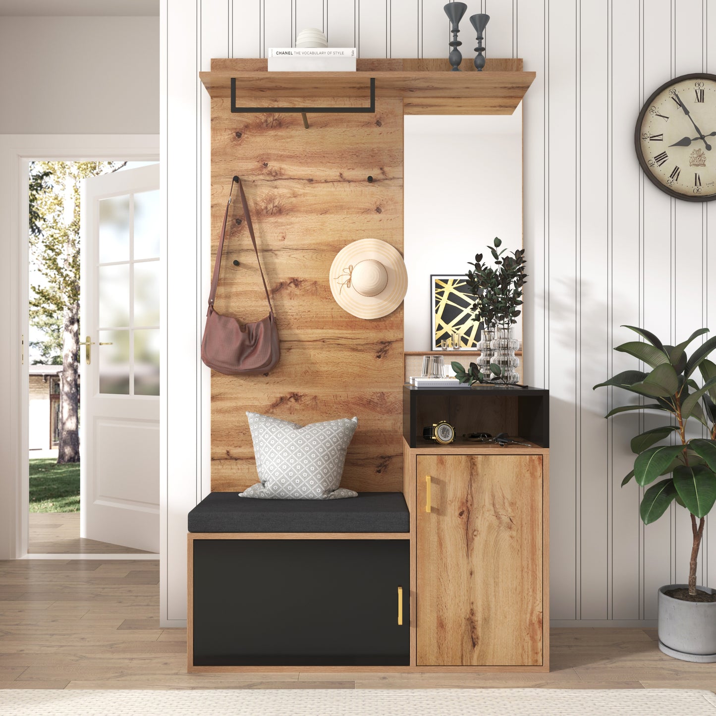 Garderoben-Set,mit 4 Kleiderhaken, Spiegel, Schuhschrank, Wandgarderobe, oberes Ablagefach, Flurgarderobe Sitzbank