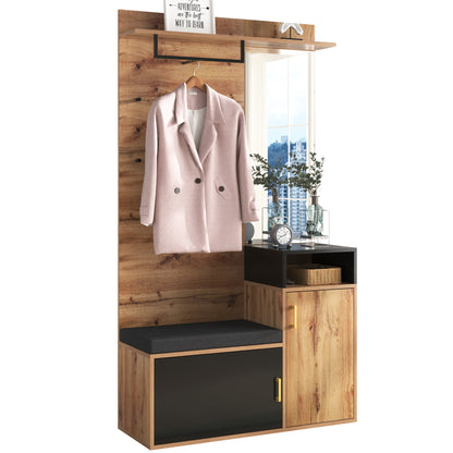 Garderoben-Set,mit 4 Kleiderhaken, Spiegel, Schuhschrank, Wandgarderobe, oberes Ablagefach, Flurgarderobe Sitzbank
