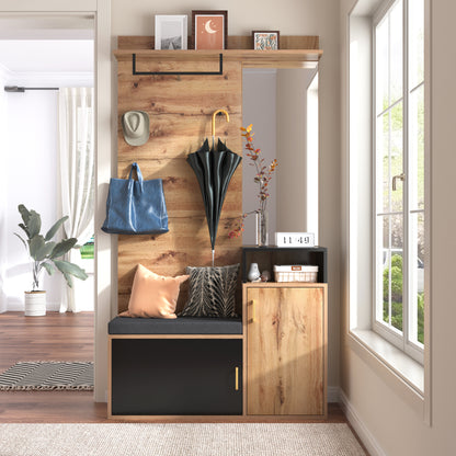 Garderoben-Set,mit 4 Kleiderhaken, Spiegel, Schuhschrank, Wandgarderobe, oberes Ablagefach, Flurgarderobe Sitzbank