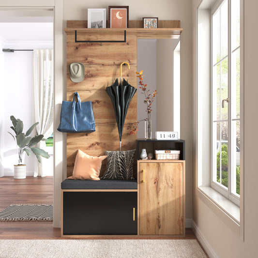 Garderoben-Set,mit 4 Kleiderhaken, Spiegel, Schuhschrank, Wandgarderobe, oberes Ablagefach, Flurgarderobe Sitzbank