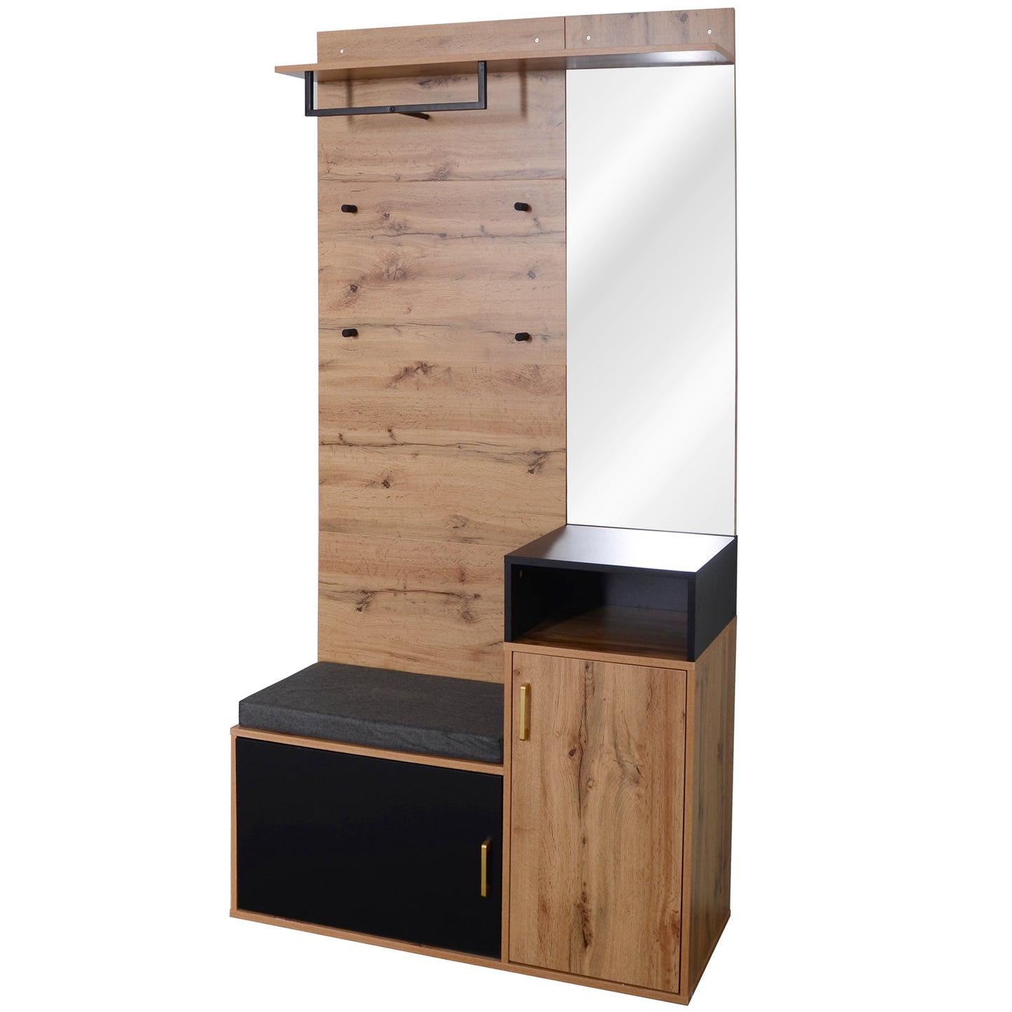 Garderoben-Set,mit 4 Kleiderhaken, Spiegel, Schuhschrank, Wandgarderobe, oberes Ablagefach, Flurgarderobe Sitzbank