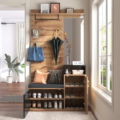 Garderoben-Set,mit 4 Kleiderhaken, Spiegel, Schuhschrank, Wandgarderobe, oberes Ablagefach, Flurgarderobe Sitzbank