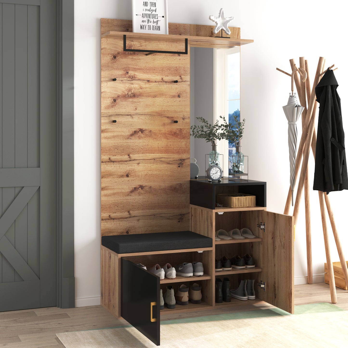 Garderoben-Set,mit 4 Kleiderhaken, Spiegel, Schuhschrank, Wandgarderobe, oberes Ablagefach, Flurgarderobe Sitzbank