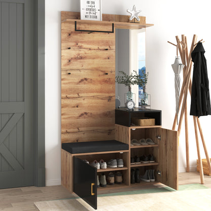 Garderoben-Set,mit 4 Kleiderhaken, Spiegel, Schuhschrank, Wandgarderobe, oberes Ablagefach, Flurgarderobe Sitzbank