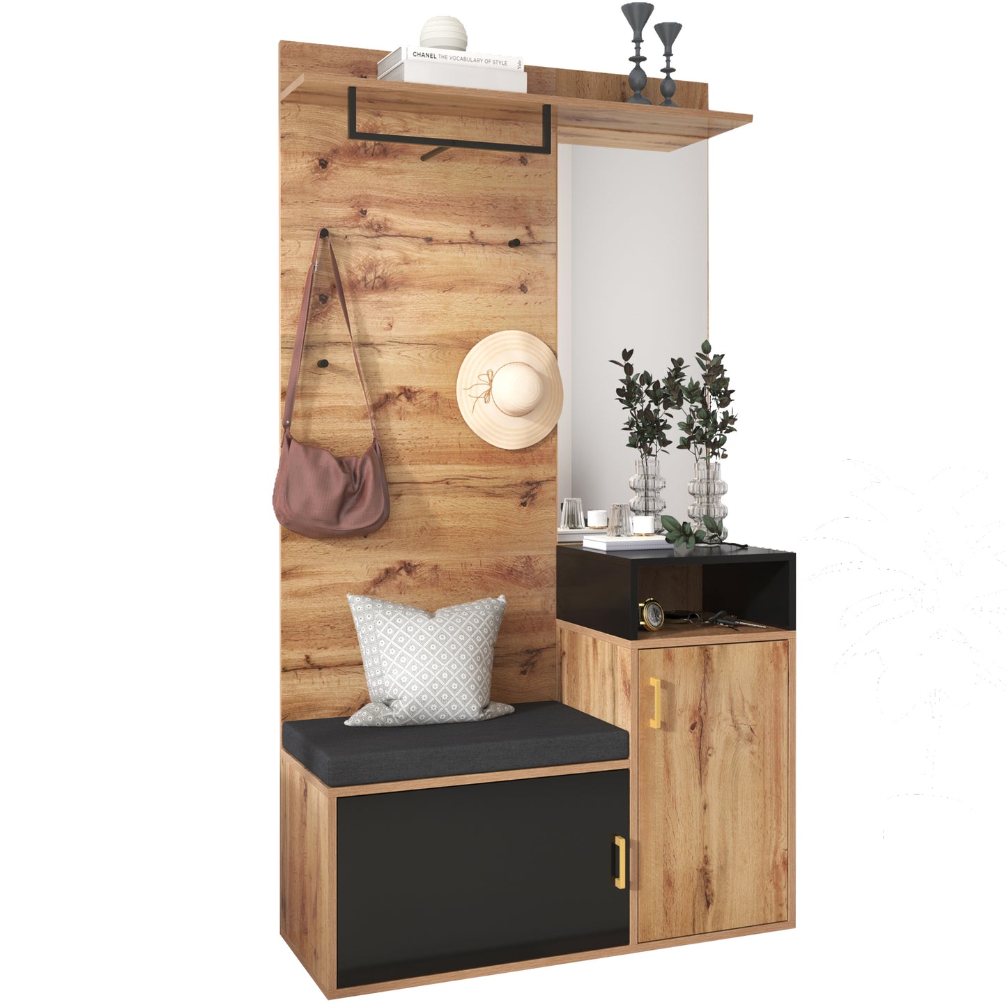 Garderoben-Set,mit 4 Kleiderhaken, Spiegel, Schuhschrank, Wandgarderobe, oberes Ablagefach, Flurgarderobe Sitzbank