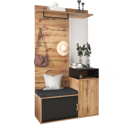 Garderoben-Set,mit 4 Kleiderhaken, Spiegel, Schuhschrank, Wandgarderobe, oberes Ablagefach, Flurgarderobe Sitzbank