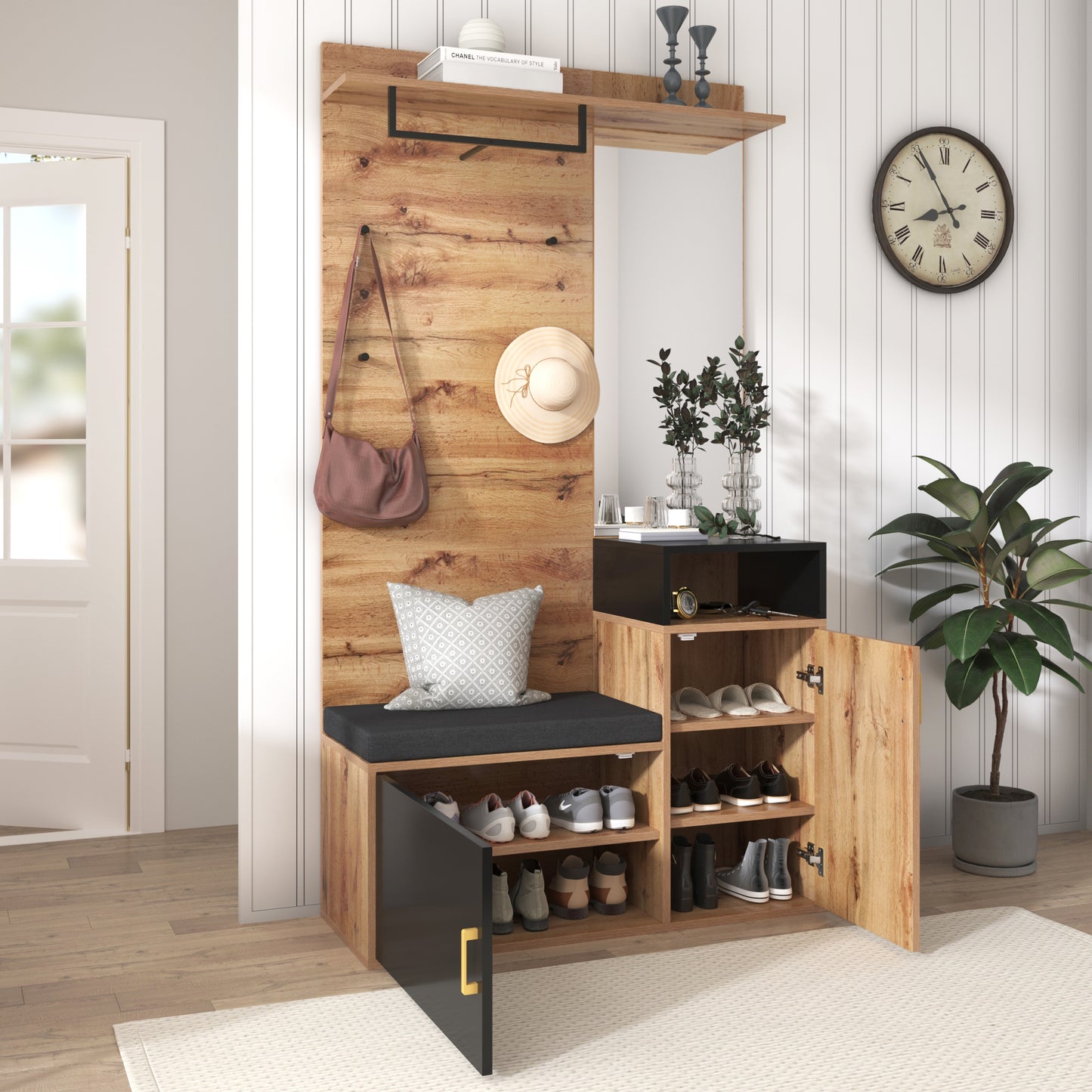 Garderoben-Set,mit 4 Kleiderhaken, Spiegel, Schuhschrank, Wandgarderobe, oberes Ablagefach, Flurgarderobe Sitzbank