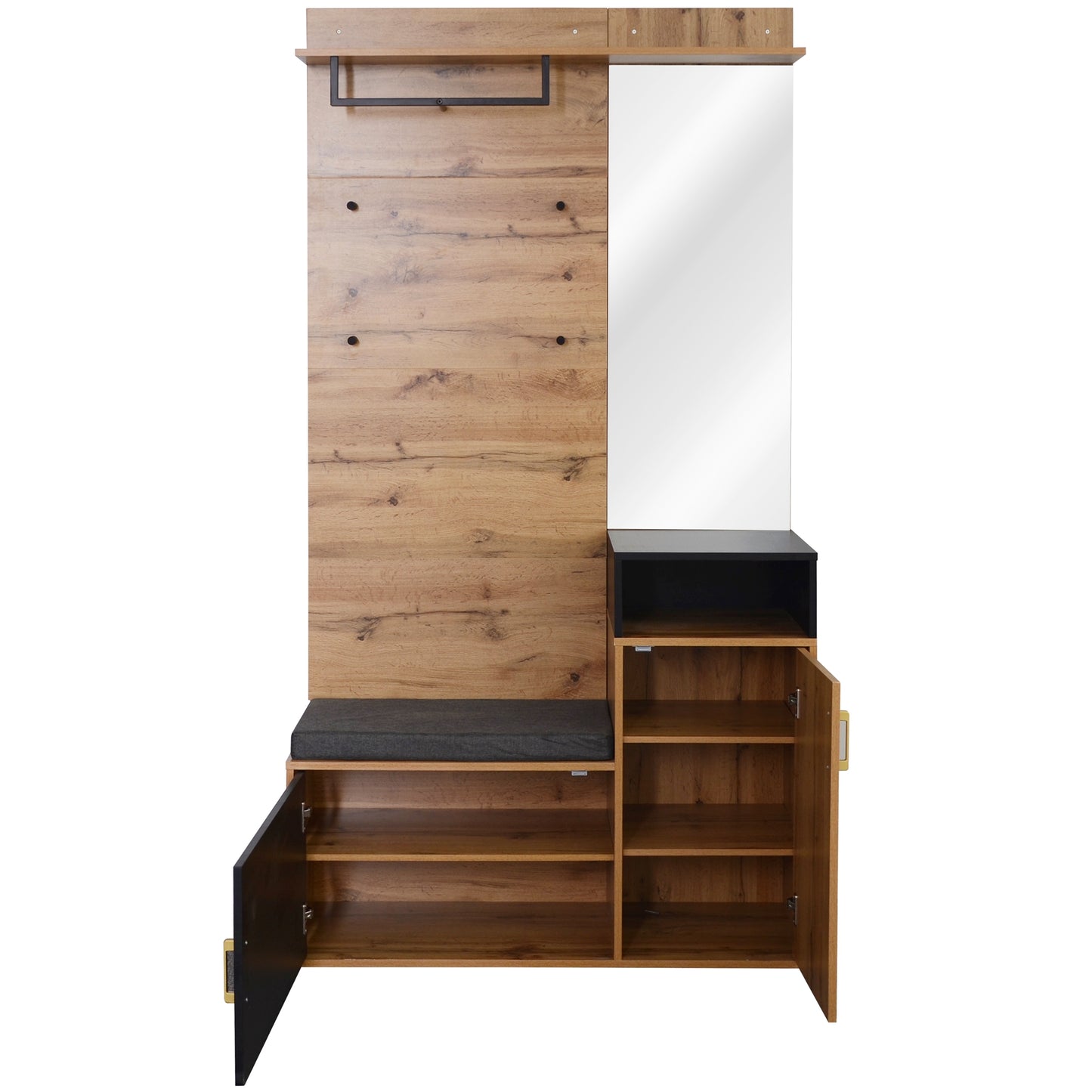 Garderoben-Set,mit 4 Kleiderhaken, Spiegel, Schuhschrank, Wandgarderobe, oberes Ablagefach, Flurgarderobe Sitzbank