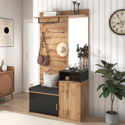 Garderoben-Set,mit 4 Kleiderhaken, Spiegel, Schuhschrank, Wandgarderobe, oberes Ablagefach, Flurgarderobe Sitzbank