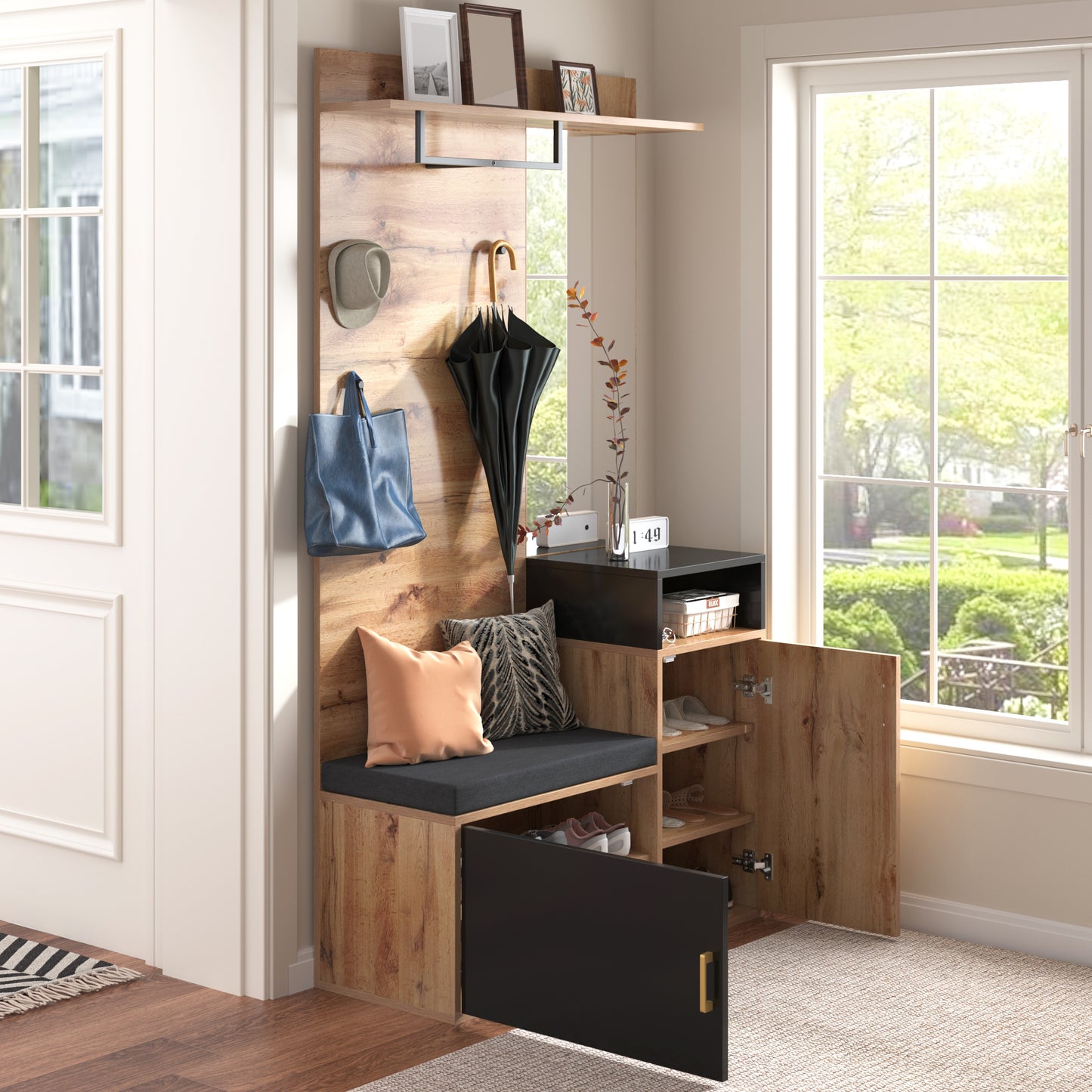 Garderoben-Set,mit 4 Kleiderhaken, Spiegel, Schuhschrank, Wandgarderobe, oberes Ablagefach, Flurgarderobe Sitzbank