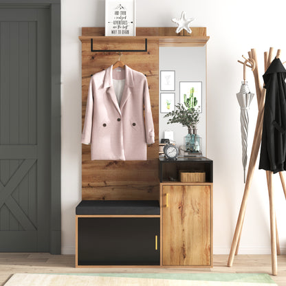 Garderoben-Set,mit 4 Kleiderhaken, Spiegel, Schuhschrank, Wandgarderobe, oberes Ablagefach, Flurgarderobe Sitzbank
