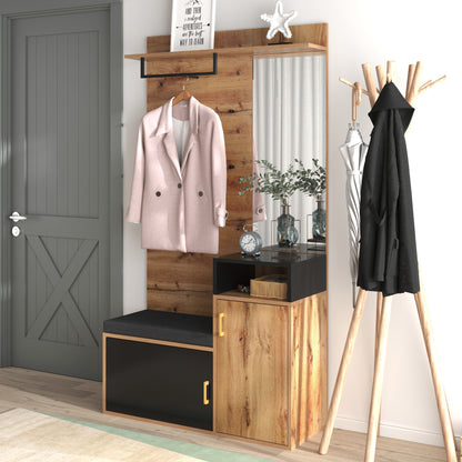Garderoben-Set,mit 4 Kleiderhaken, Spiegel, Schuhschrank, Wandgarderobe, oberes Ablagefach, Flurgarderobe Sitzbank