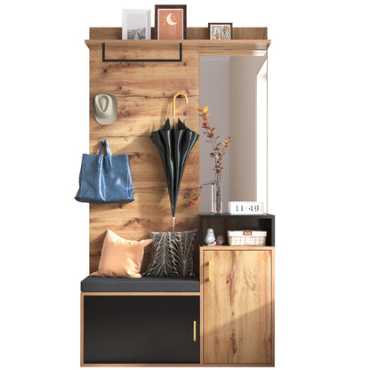 Garderoben-Set,mit 4 Kleiderhaken, Spiegel, Schuhschrank, Wandgarderobe, oberes Ablagefach, Flurgarderobe Sitzbank