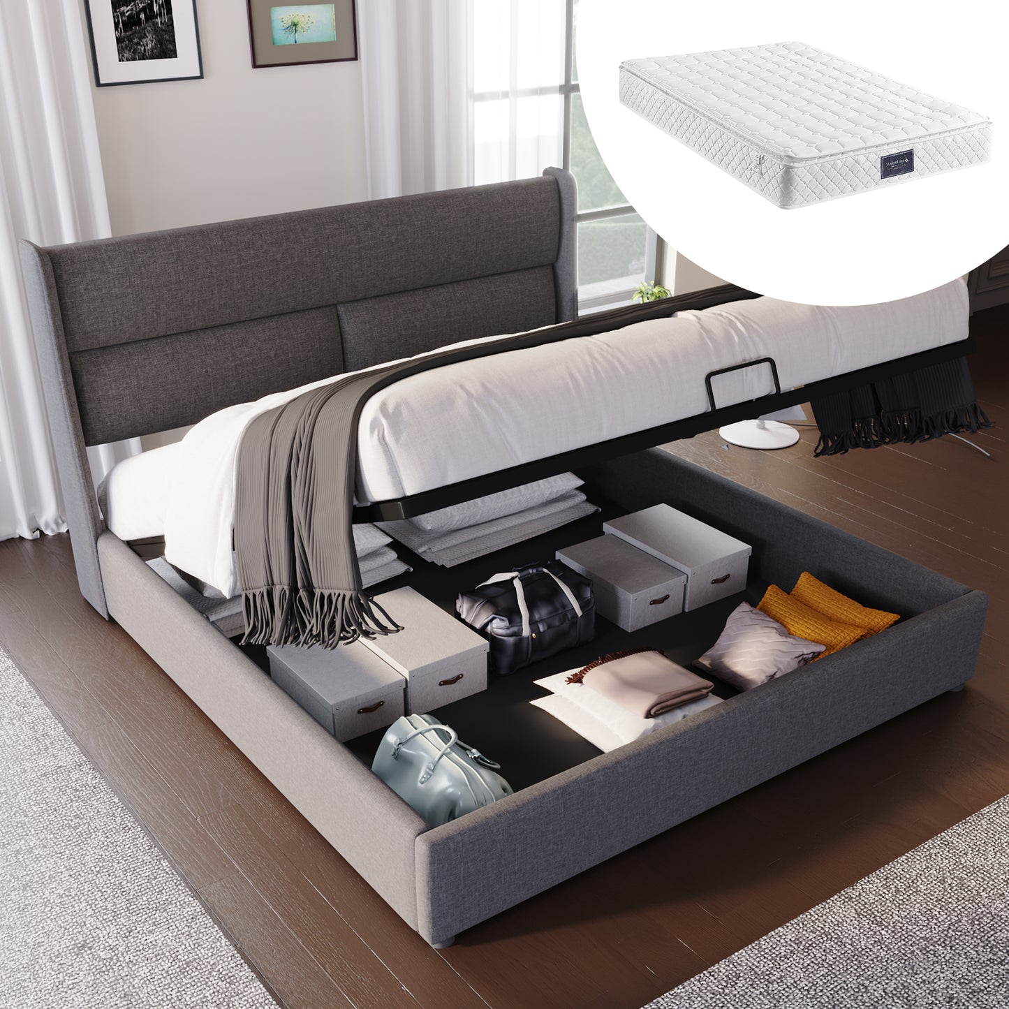 Polsterbett Doppelbett mit Verstellbare Kopfstützen,Stauraumbetten Bettgestell aus Leinenmaterial Jugendbett 140x200 mit lattenrost(Mit Matratze)