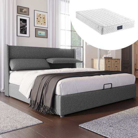 Polsterbett Doppelbett mit Verstellbare Kopfstützen,Stauraumbetten Bettgestell aus Leinenmaterial Jugendbett 160x200 mit lattenrost(Mit Matratze)