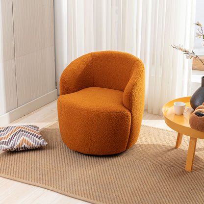 Drehbarer Akzentsessel aus weichem Teddy-Stoff mit Fassstuhl und schwarzem Pulverbeschichtungs-Metallring, Orange