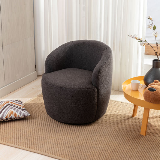 Drehbarer Akzentsessel aus weichem Teddystoff, Barrel Chair mit schwarzem Pulverbeschichtungs-Metallring, Dunkelgrau