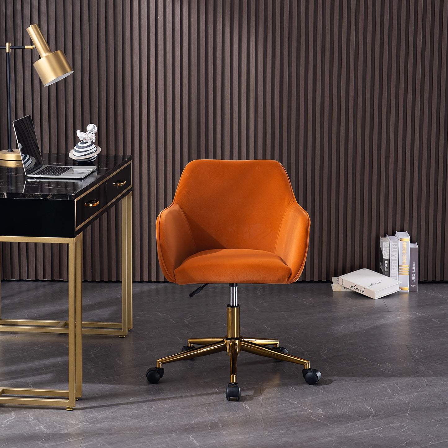 Neuer höhenverstellbarer Drehstuhl aus Samtstoff für das Büro im Innenbereich mit goldenen Beinen,Orange