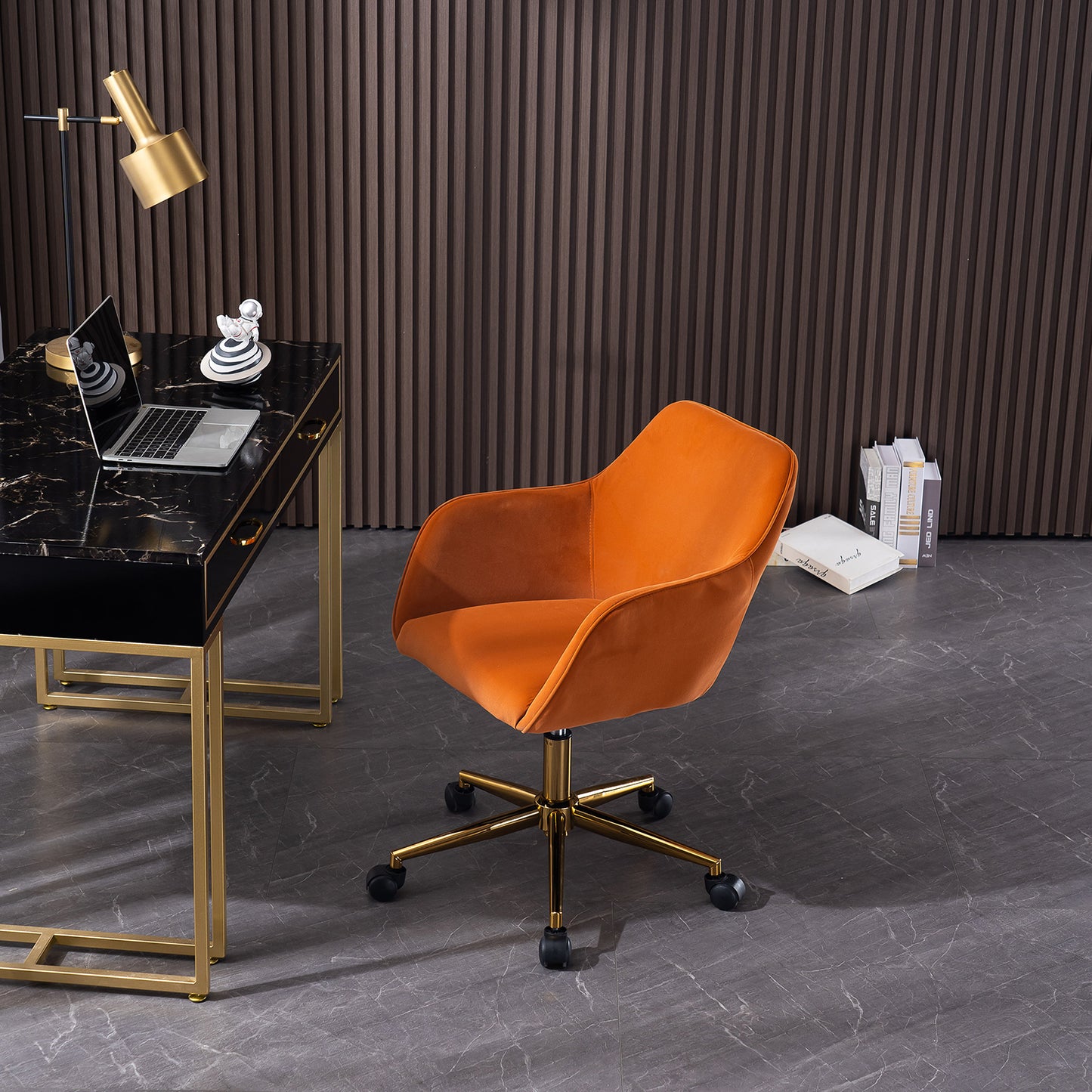 Neuer höhenverstellbarer Drehstuhl aus Samtstoff für das Büro im Innenbereich mit goldenen Beinen,Orange