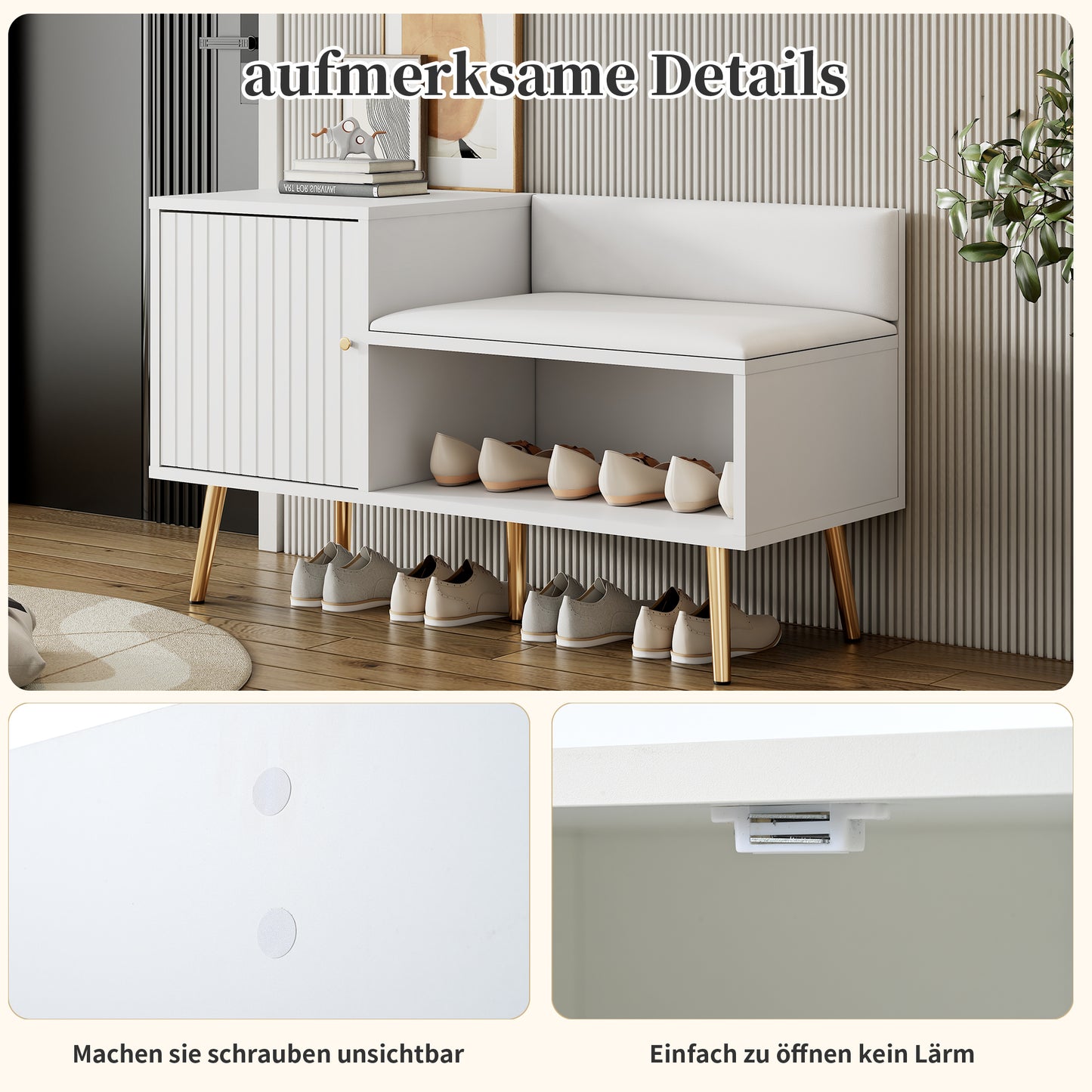 Moderne luxuriöse Schuhtruhe in Weiß mit Stauraum, gepolsterter Sitzbank und Rückenlehne, Perfekt für den Eingangsbereich