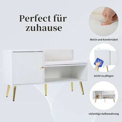 Moderne luxuriöse Schuhtruhe in Weiß mit Stauraum, gepolsterter Sitzbank und Rückenlehne, Perfekt für den Eingangsbereich