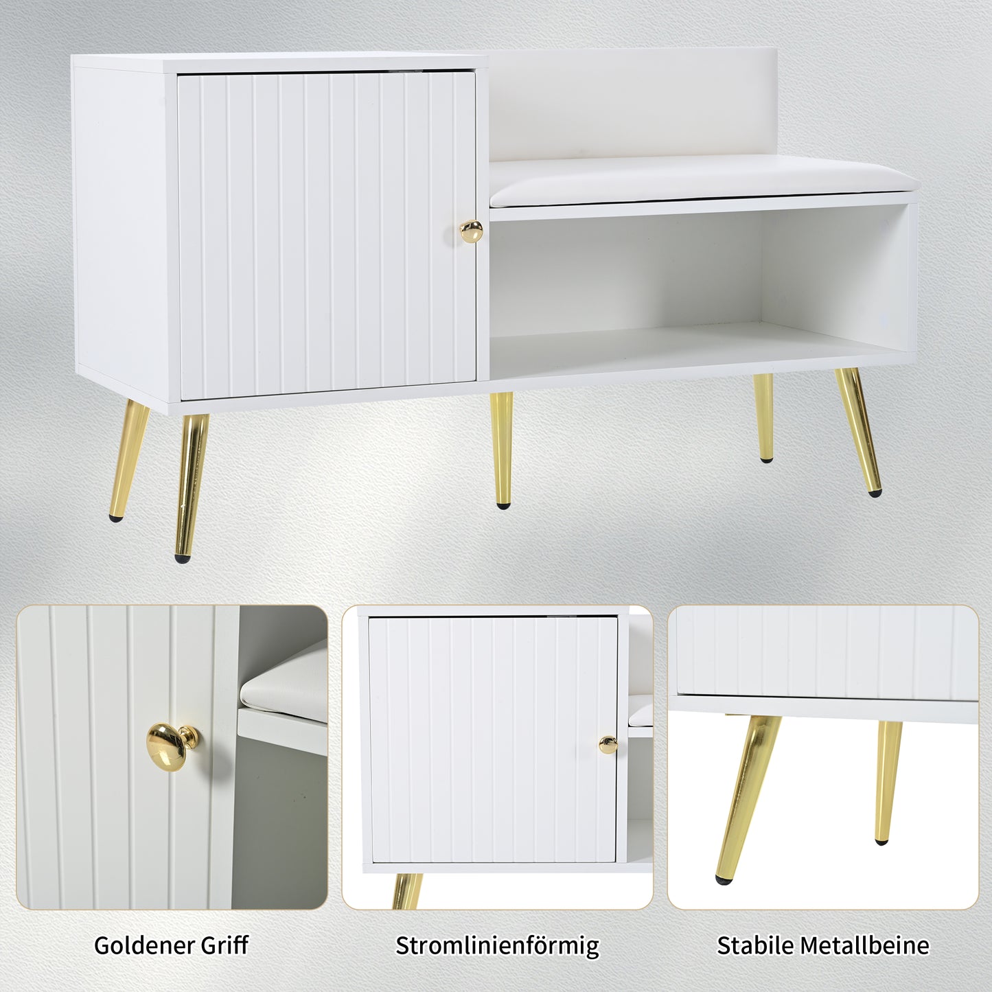 Moderne luxuriöse Schuhtruhe in Weiß mit Stauraum, gepolsterter Sitzbank und Rückenlehne, Perfekt für den Eingangsbereich