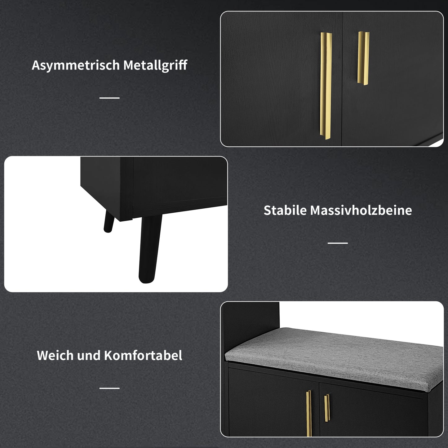 Moderne Schuhbank Schuhtruhe Sitzbank mit drei Stauraum Türen, Schwarzwalnuss