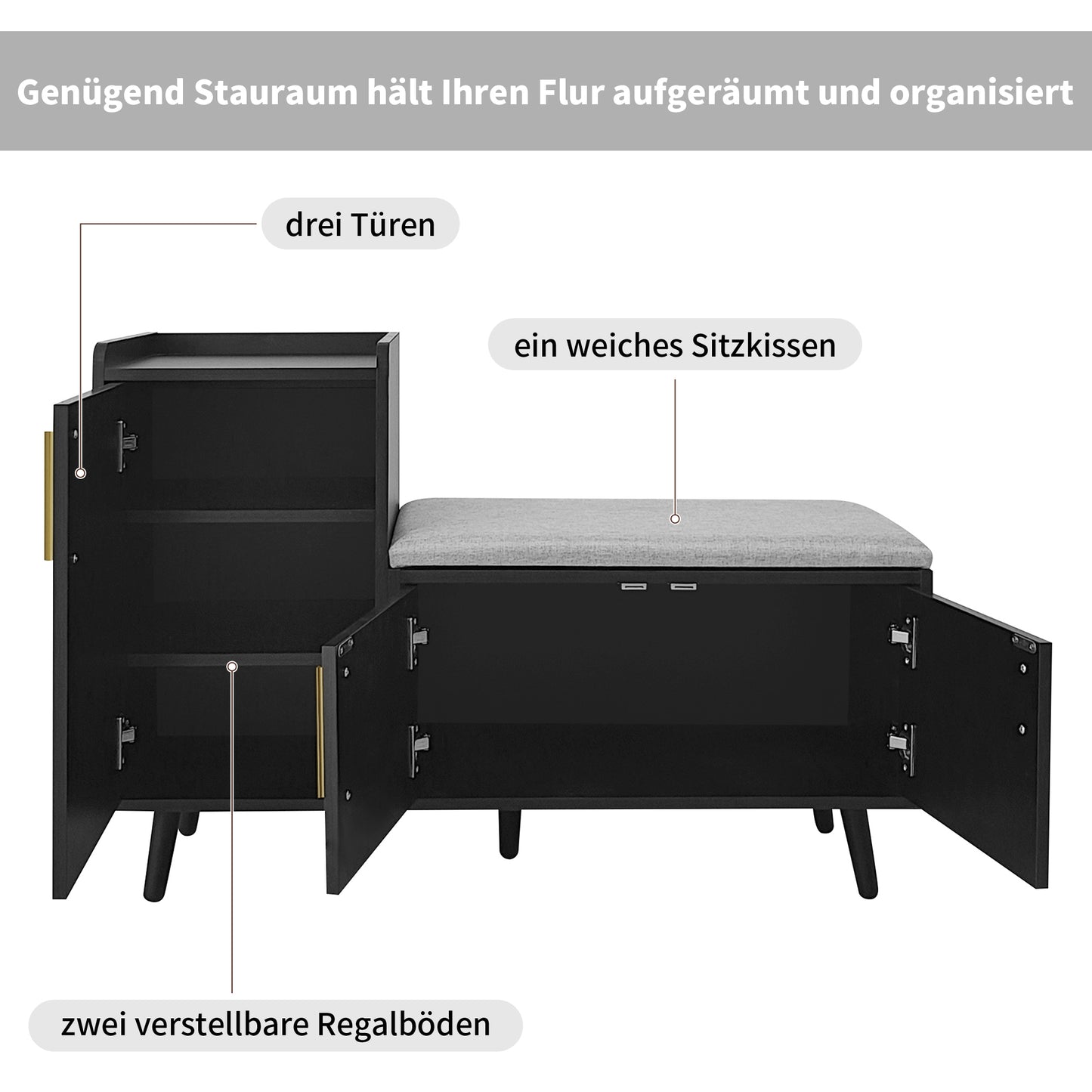 Moderne Schuhbank Schuhtruhe Sitzbank mit drei Stauraum Türen, Schwarzwalnuss