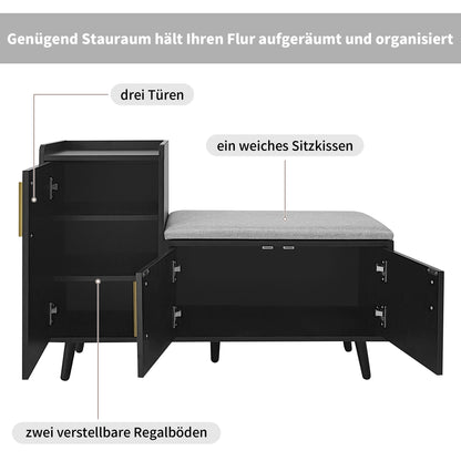 Moderne Schuhbank Schuhtruhe Sitzbank mit drei Stauraum Türen, Schwarzwalnuss