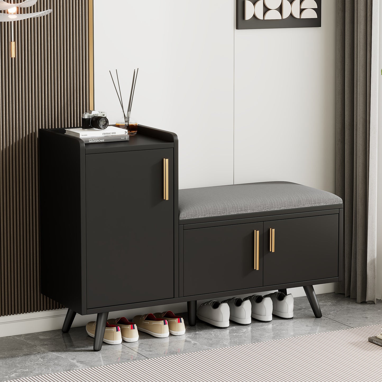Moderne Schuhbank Schuhtruhe Sitzbank mit drei Stauraum Türen, Schwarzwalnuss