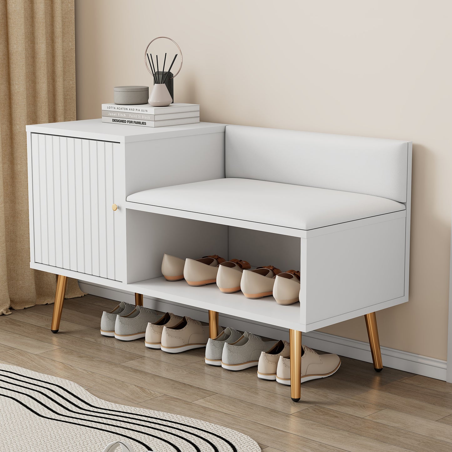 Moderne luxuriöse Schuhtruhe in Weiß mit Stauraum, gepolsterter Sitzbank und Rückenlehne, Perfekt für den Eingangsbereich