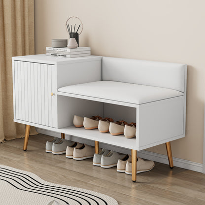 Moderne luxuriöse Schuhtruhe in Weiß mit Stauraum, gepolsterter Sitzbank und Rückenlehne, Perfekt für den Eingangsbereich