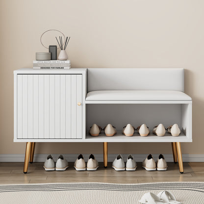 Moderne luxuriöse Schuhtruhe in Weiß mit Stauraum, gepolsterter Sitzbank und Rückenlehne, Perfekt für den Eingangsbereich