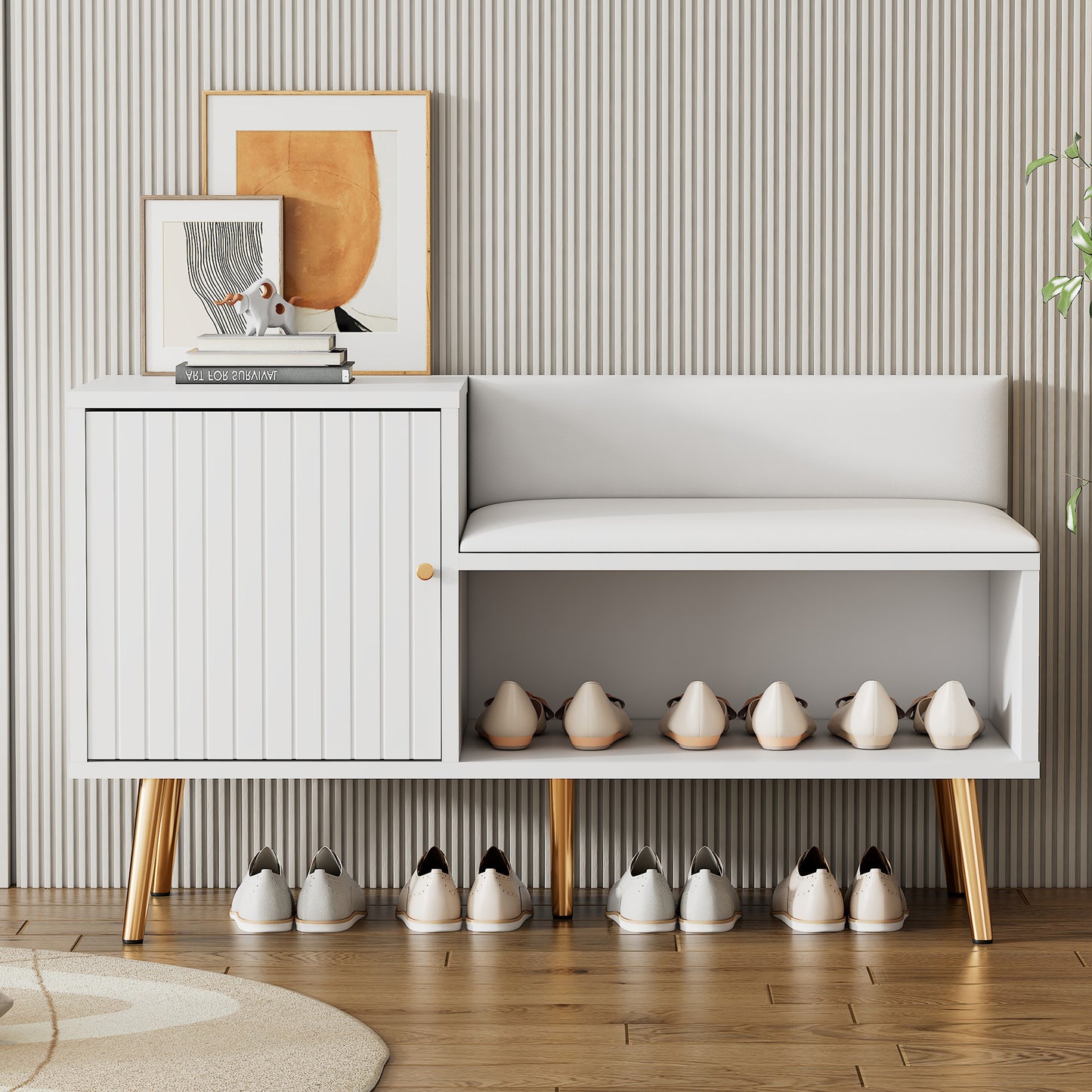 Moderne luxuriöse Schuhtruhe in Weiß mit Stauraum, gepolsterter Sitzbank und Rückenlehne, Perfekt für den Eingangsbereich
