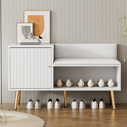 Moderne luxuriöse Schuhtruhe in Weiß mit Stauraum, gepolsterter Sitzbank und Rückenlehne, Perfekt für den Eingangsbereich
