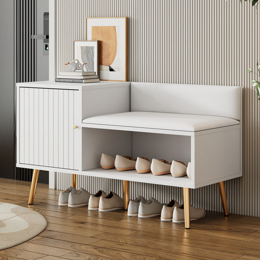 Moderne luxuriöse Schuhtruhe in Weiß mit Stauraum, gepolsterter Sitzbank und Rückenlehne, Perfekt für den Eingangsbereich