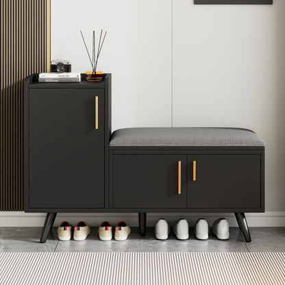 Moderne Schuhbank Schuhtruhe Sitzbank mit drei Stauraum Türen, Schwarzwalnuss