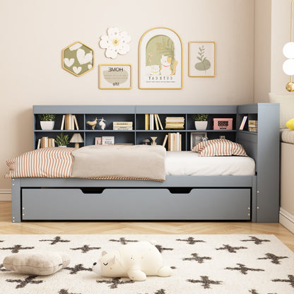 Multifunktions-Schlafsofa 90x200 & 90x190 Ausziehbar - Massivholz Grau mit USB-Anschluss, Stauraum & Ablagefächern - Praktisches Einzelbett, Grau