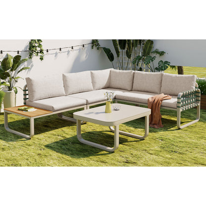 Garten Lounge Set (4-5 Sitzer), Grünes Leder Rattan Gartenmöbel Set, Modernes Outdoor Sofa Set inkl. aller Sitz- und Rückenkissen, Balkonset, Garten und Terrasse, Aprikose