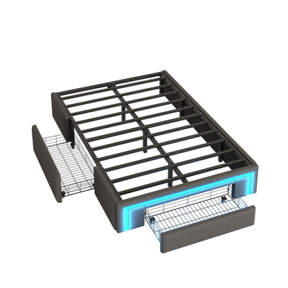 Bettgestell 90X200 mit Schubladen, PU-Leder Bett ohne Kopfteil Mit LED-Lichtleiste, MetalllattenPlattformbett für moderne Schlafzimmer Grau