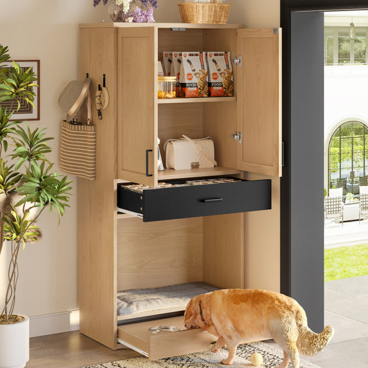 Multifunktionaler Tierschrank in Eichenoptik–Futterstation mit Napf,Hundebett,Stauraum-Tiermöbel, Küchenschrank für Flur, Küche oder Wohnzimmer