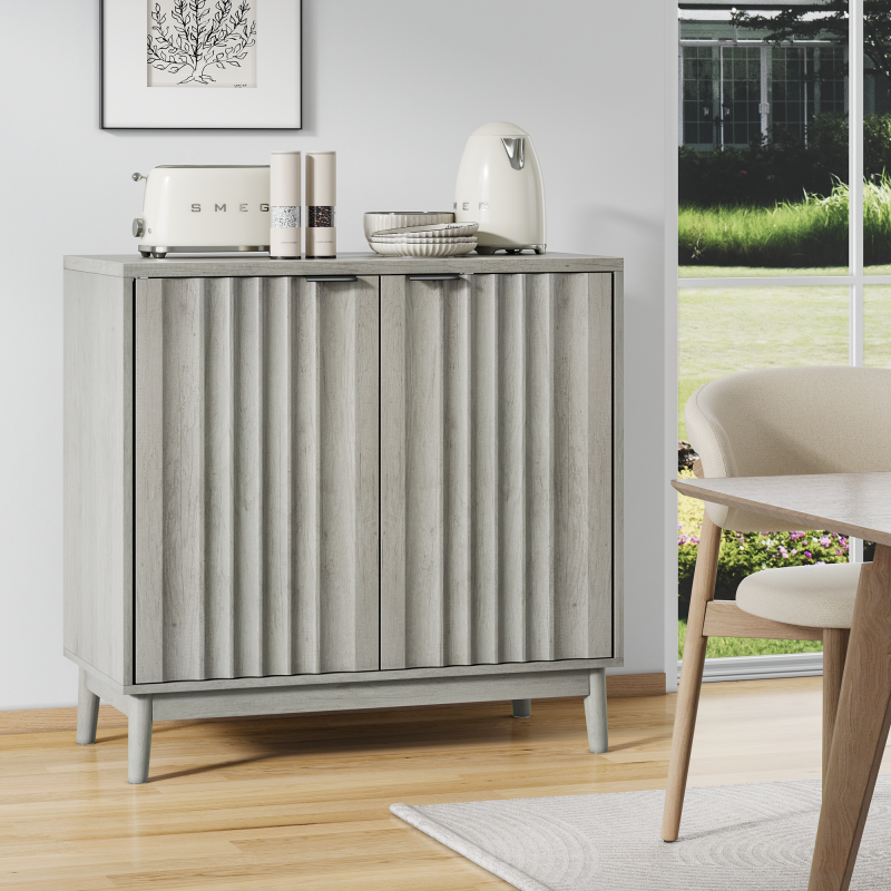 Rillenkantenschrank, unabhängiges Buffet mit verstellbaren Regalen, Holzschrank, passend für Wohnzimmer, Flur, Eingang, Grau