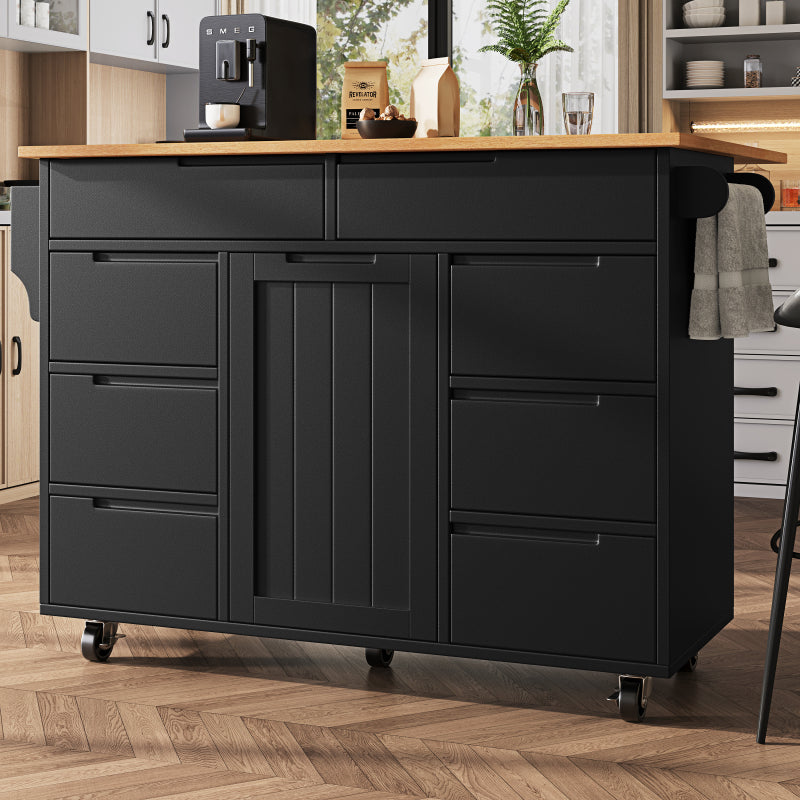 Moderne Kücheninsel, Küchenschrank, Ausziehbarer Küchenwagen mit Rollen und Arbeitsplatte, Servierwagen mit Gewürzregal und 8 Schubladen, Schwarz